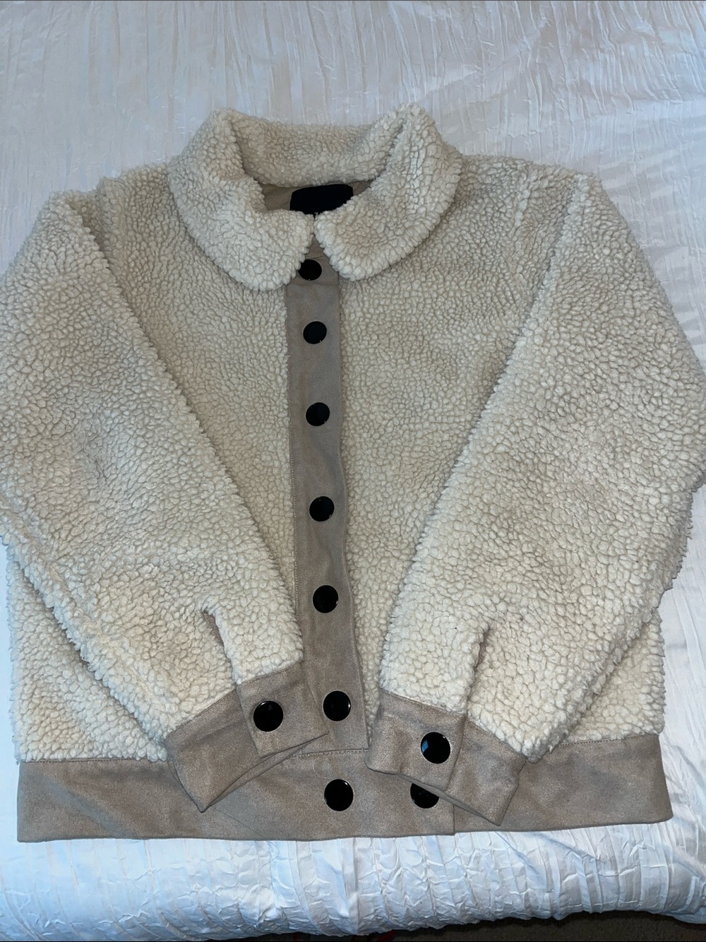 Women’s Cream Sherpa Button-Up Puffer Jacket.